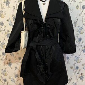 Vintage Black Y2K Ruffle Belted Double Breasted Cotton Blend Jacket